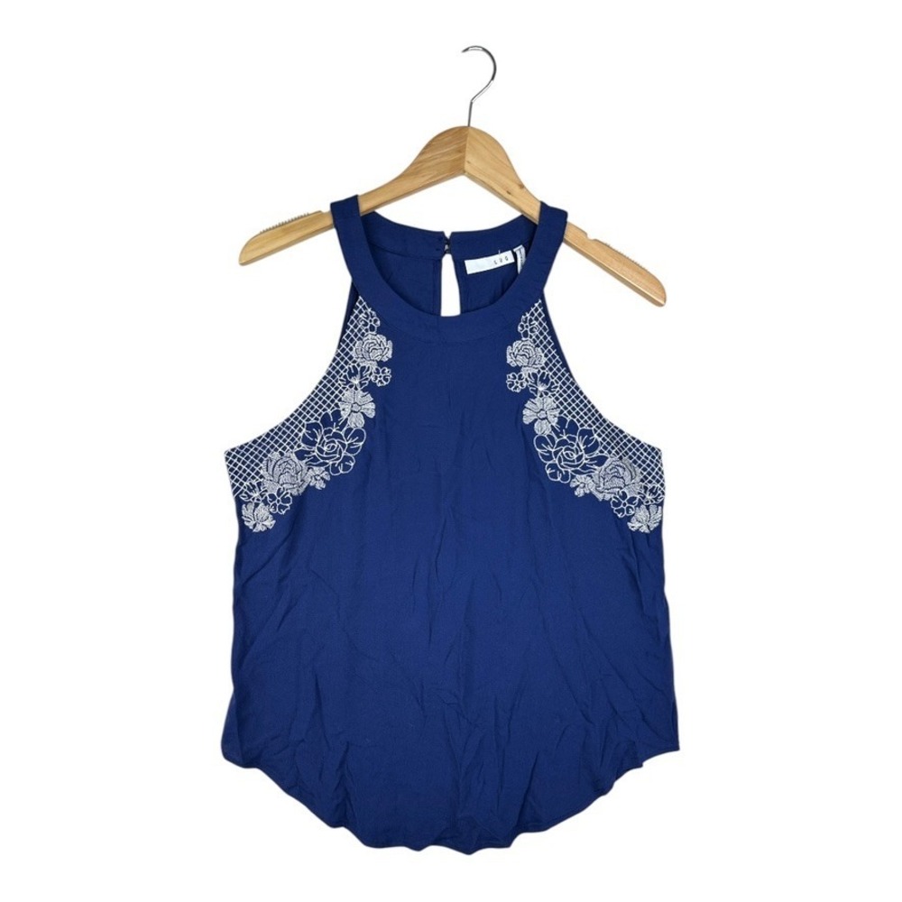 LUQ Women's Top Embroidered Sleeveless Blouse Casual Blue Size Medium